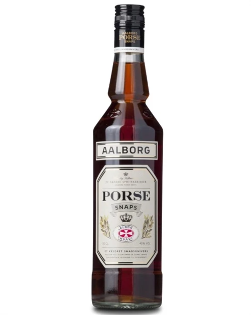 Klar flaske akvavit med grøn etiket og Aalborg-logo