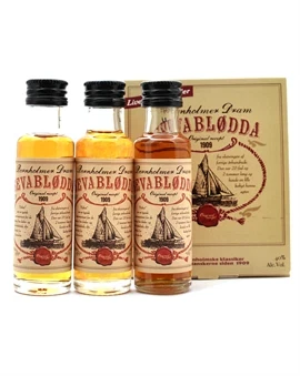 Tre miniatureflasker SevaBlødda Bornholmer Dram samlet
