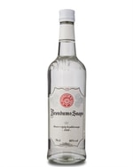 Klar flaske med lys akvavit og enkelt hvidt etiket