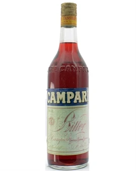 Gammel Campari Bitter-flaske med slidt blå og guld etikette og metalkapsel