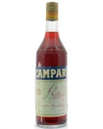 Gammel Campari Bitter-flaske med slidt blå og guld etikette og metalkapsel