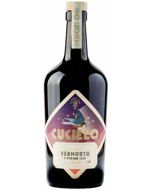 Dyb rubinrød Cucielo Rosso Vermouth-flaske med solnedgangsinspireret etiket