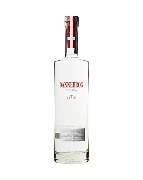 Høj klar literflaske med enkel Dannebrog Vodka 1219 etiket