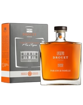 Flaske Drouet Paradis de Famille cognac med dyb mørk væske