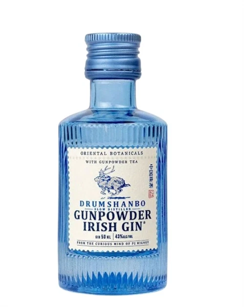 Sort flaske Drumshanbo Gunpowder Irish Gin med guldskrift