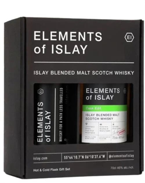 Elements of Islay Cask Edit gaveæske med whiskyflaske og metallommelærke