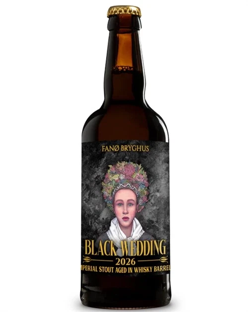 Mørk ølflaske med Black Wedding 2026 Imperial Stout fra Fanø Bryghus