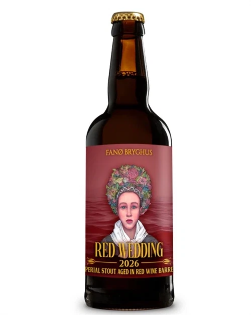 Mørk ølflaske med Red Wedding 2026 Imperial Stout fra Fanø Bryghus