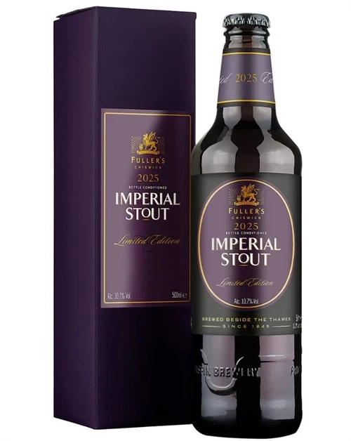Flaske Fuller\'s Imperial Stout 2025 med rødt jubilæumsetiket