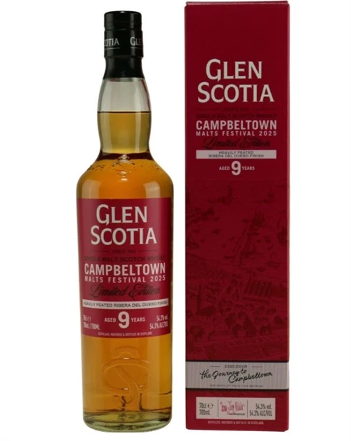 Glen Scotia Campbeltown Festival 2025 flaske med rødlig whisky