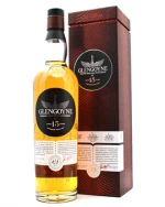 Glengoyne 15 år flaske med mørk gylden whisky og grøn etiket