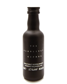 Glenlivet Cipher miniatureflaske med mørk etiket og kodemønster