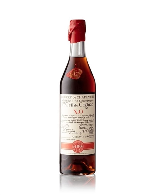 Flaske Gourry de Chadeville X.O. Cognac med næsten sort ravfarve og jubilæumsetiket