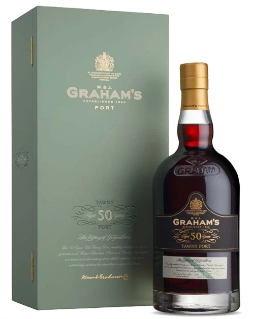 Elegant flaske Graham\'s 50 År Tawny Portvin med mørk ravfarve og gaveæske