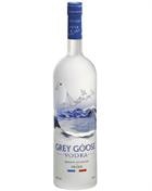 Grey Goose storflaske i frostet glas med gæssene trykt over hele siden