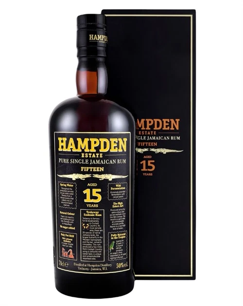 Klar flaske med lyst etiket og rødt Hampden Estate-logo, ældre udgave