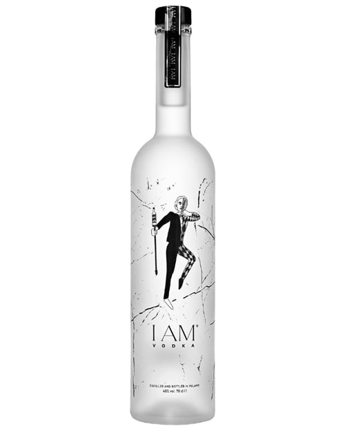I AM Premium Vodka flaske i klart glas med enkel sort typografi