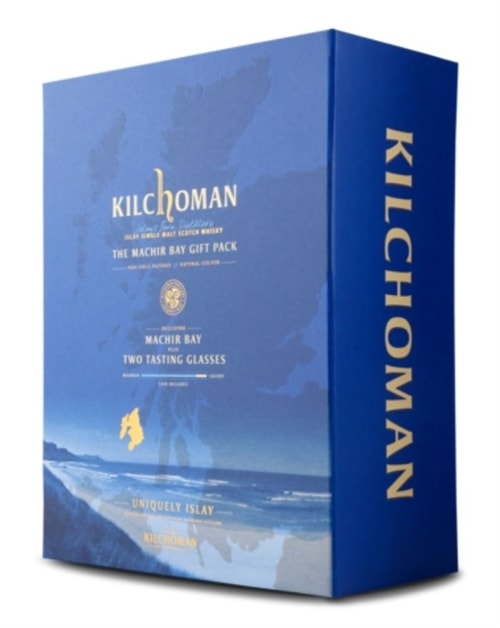 Kilchoman Machir Bay gaveæske med whiskyflaske og to tumblerglas