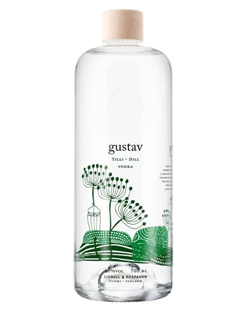 Gustav Dill Vodka flaske med lys etiket og dildmotiv fra Finland