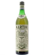 Gammel Martini Extra Dry flaske med falmet grønt glas og hvidt etikettedesign
