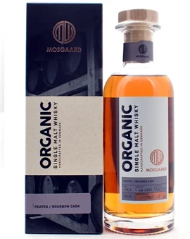 Flaske af Mosgaard Peated Bourbon Cask Røget Økologisk Dansk Single Malt Whisky 50 cl