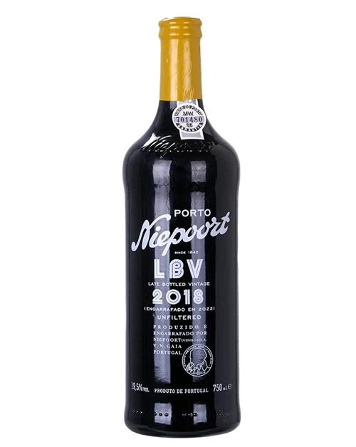 Flaske Niepoort LBV 2018 portvin med mørkerødt etiket
