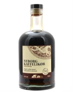Rombutelj med kaffefarvet etiket, Nyborg Distillery Økologisk Kaffelikør