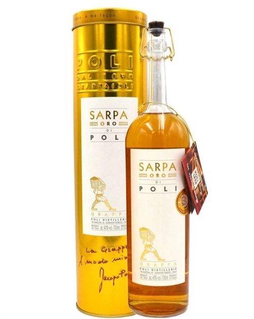 Flaske Sarpa Oro-grappa fra Poli med jubilæumsetiket