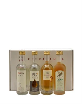 Fire miniatureflasker grappa og likør fra Poli i papæske