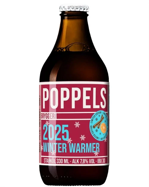 Flaske Poppels Winter Warmer juleøl med rødt etiket