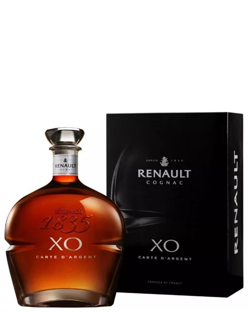 Flaske Renault XO Carte d\'Argent cognac med sølvfarvet etikettdetalje