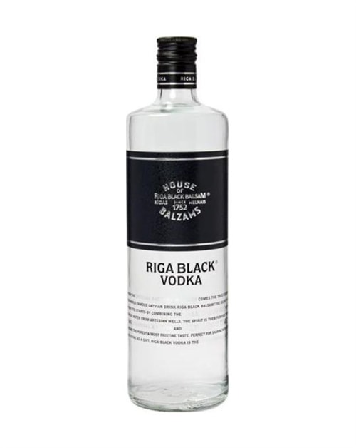 Riga Black vodkaflaske med sort etiket og griffin i guldtryk