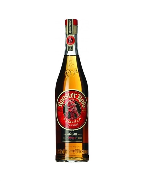 Flaske Rooster Rojo Añejo Tequila med mørk ravfarvet væske