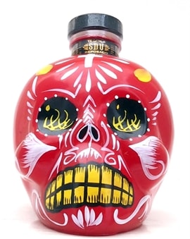 Hjerteformet sort flaske Sangre de Vida Tequila Reposado med røde detaljer