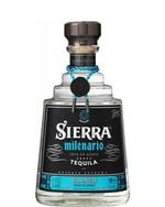 Flaske Sierra Milenario Blanco Tequila med klar væske og Maya-inspireret hætte