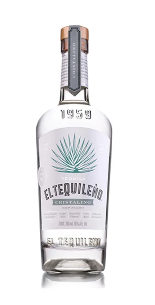 Flaske El Tequileño Cristalino Reposado Tequila med krystalklar væske og enkel etiket
