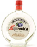 Flaske Sljivovica Maraska blommebrandy med ravfarvet indhold
