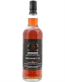 Whiskyflaske fra Signatory Vintage med sherrytonet etiket og Speyside-motiv