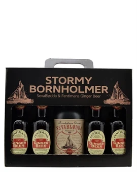 Gaveæske med SevaBlødda Bornholmer Dram og flasker Fentimans Ginger Beer