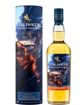 Talisker Molten Seas 14 år-flaske med vulkansk stenbaggrund