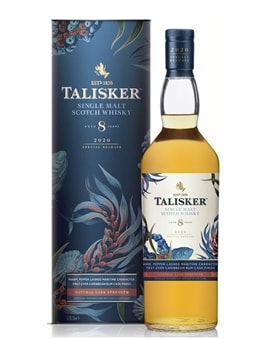 Talisker Special Release 2020 8 år-flaske med gylden whisky og romfadsmotiv