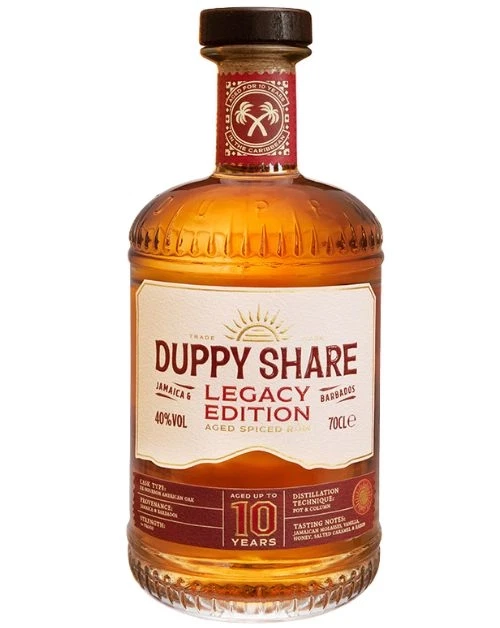 Rombutelj med grafisk gul-sort design, The Duppy Share Legacy Edition