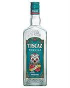 Klar flaske Tiscaz Blanco Tequila med etiket inspireret af aztekisk kunst