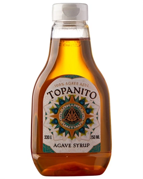 Topanito Agave Syrup flaske med tyktflydende ravfarvet væske