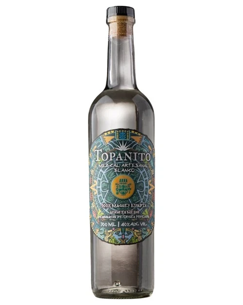 Flaske Topanito Mezcal Espadín Blanco med klar, farveløs væske
