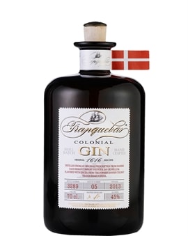 Flaske Tranquebar Colonial Gin med kolonihistorisk etiket