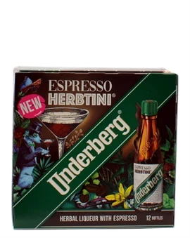 Æske med tolv miniatureflasker Underberg Espresso Herbtini