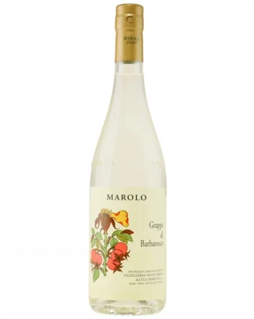 Klar flaske Marolo grappa med enkel etiket og årgangsangivelse 2021