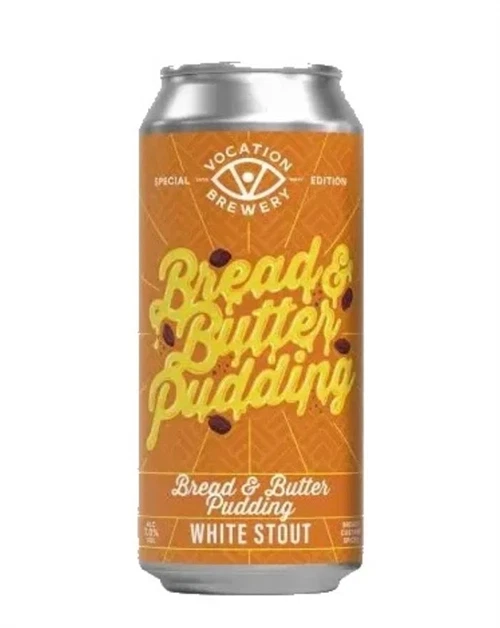 Gylden øldåse med Vocation Bread and Butter Pudding White Stout