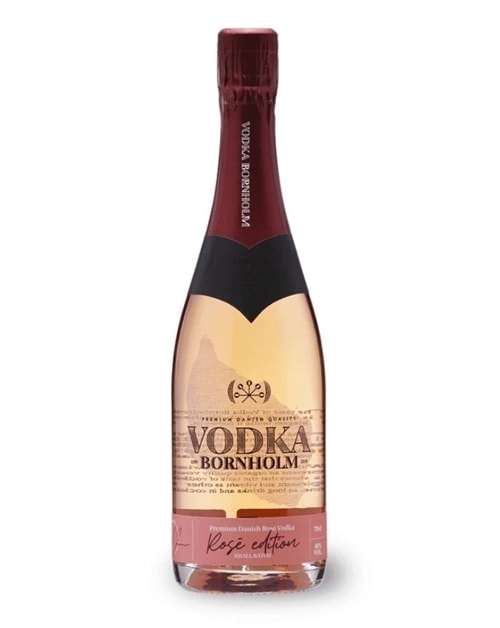 Vodka Bornholm Rosé Edition champagneflaske med rubinrød væske og trælåg